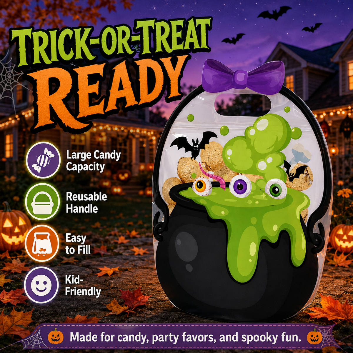 🎃 Halloween Trick-or-Treat Bags – Pumpkin & Green Pot Candy Bags 🍬